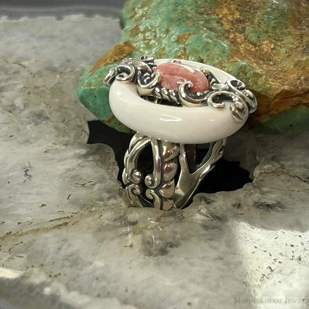 Carolyn Pollack Sterling White Agate & Rhodochrosite Ring Size 5.25 For Women